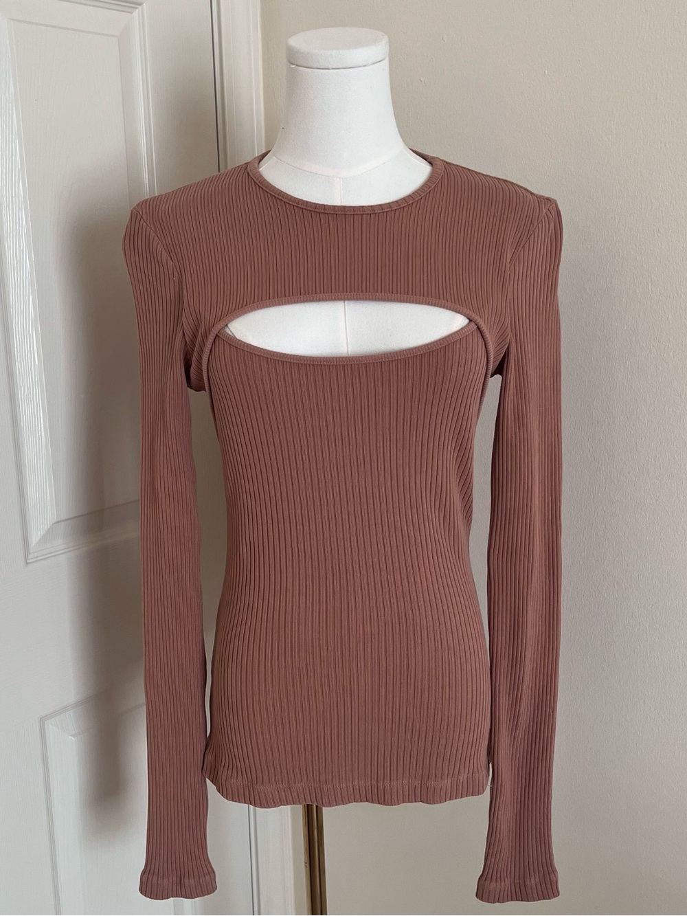Agolde Tan Ribbed Cutout Organic Cotton Blouse Womens Size S Casual Autumn